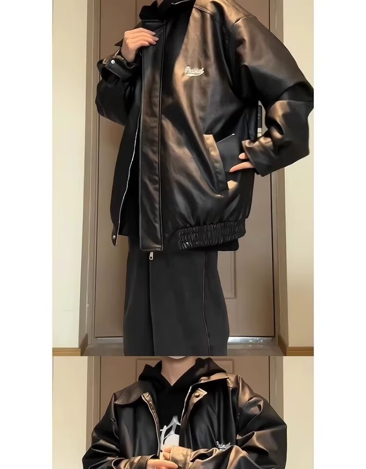 Giacca da aviatore in pelle PU nera da uomo alla moda di strada europea e americana, ampia e alla moda_voghion.com