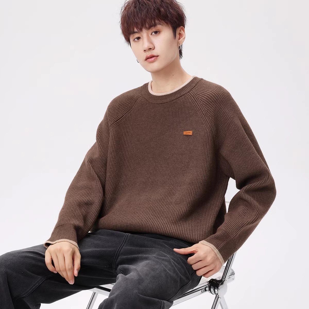 boy Boy Boy Boy Heavyweight Acrylic Yuanbao Needle Lazy Style Sweater Men's Loose Knitwear Thickened Coat_voghion.com