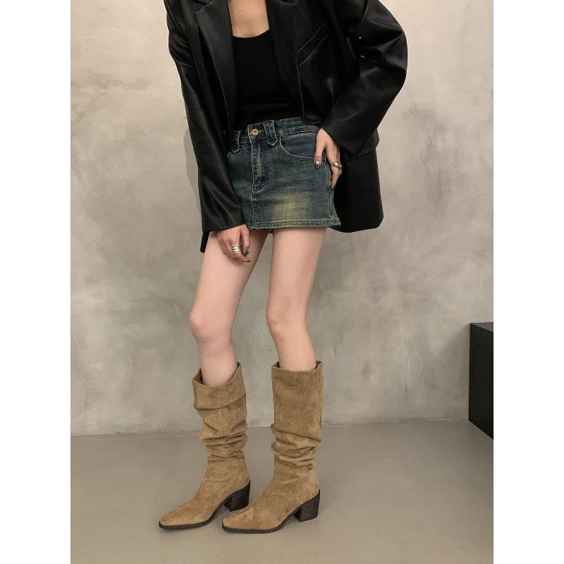 ShoeGlobe ShoeGlobe Vintage High Heel Suede Western Mid-Calf For Women 2025 Autumn Winter New Fleece-Lined Pointed Toe Slouchy Long Riding_voghion.com