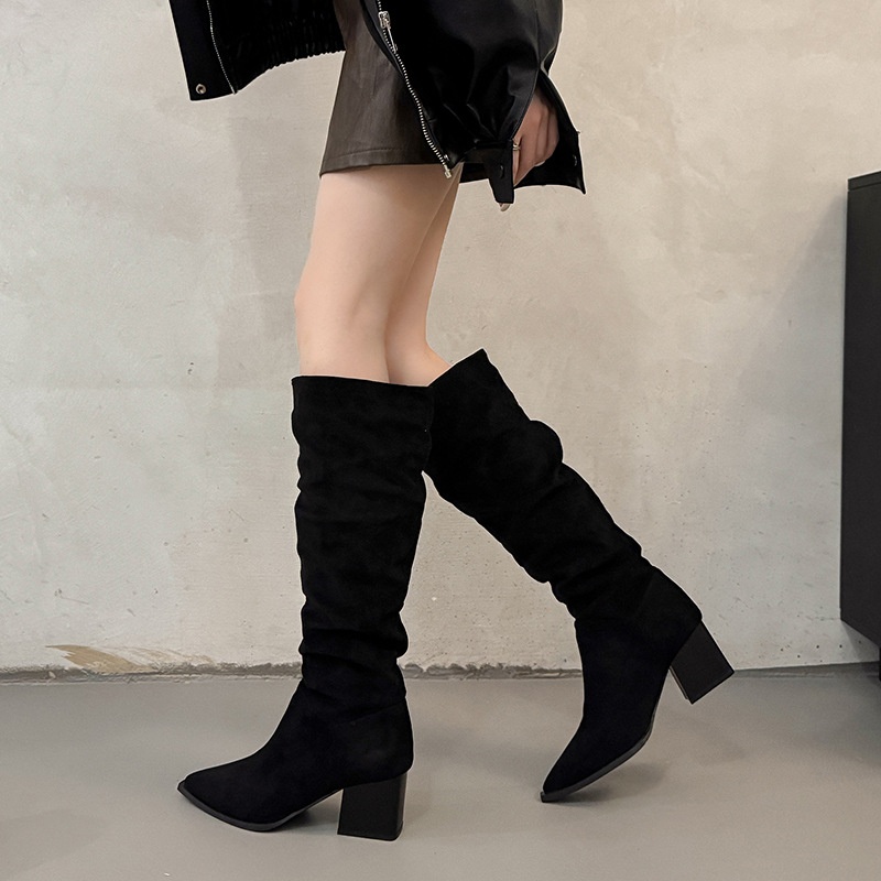 ShoeGlobe ShoeGlobe ShoeGlobe Women's Knight 2025 New Autumn Winter Thick Heel Pointed Toe Long Retro Suede Wrinkled Slouch Boots_voghion.com