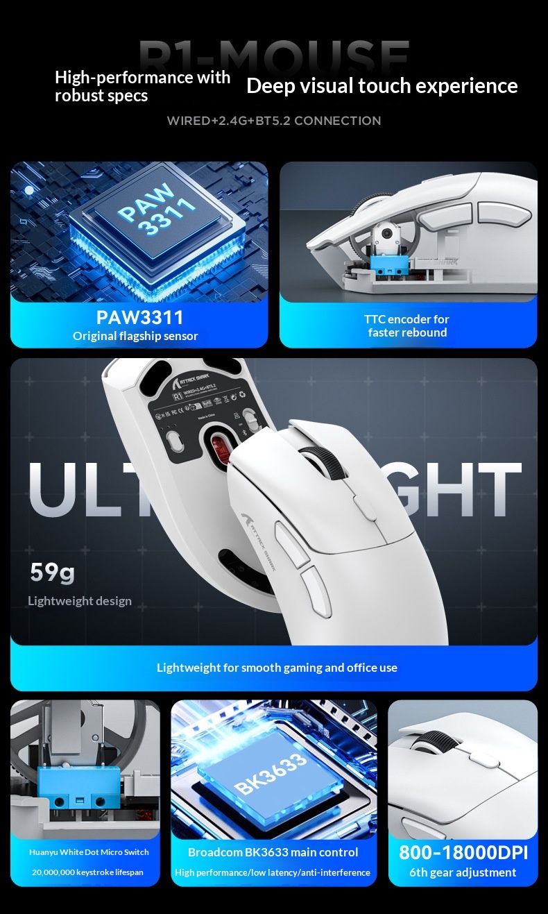 Digitex Digitex Attack Shark R1 Lightweight PAW3311 E-sports Gaming Three-mode Bluetooth Wireless Laptop Mouse_voghion.com