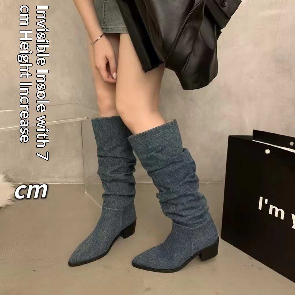 ShoeGlobe ShoeGlobe ShoeGlobe Zwiększenie wysokości wewnętrznej ~Kolor khaki Stacked Długie buty jeździeckie dla kobiet 2024 Nowość Jesień Zima Francuskie do połowy łydki_voghion.com