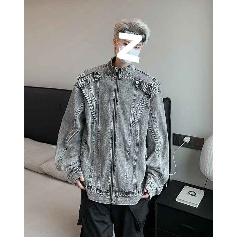 Giacca da motociclista da uomo in denim corto patchwork retrò resistente e alla moda, marchio europeo e americano, stile Cleanfit_voghion.com