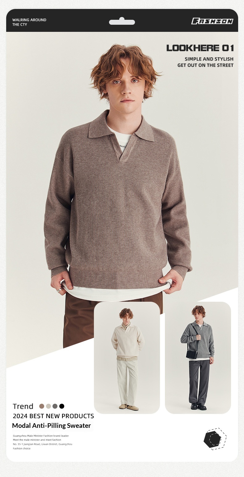 boy Boy Boy Boy APO Men's Clothing|Men's Sweater Trendy Brand Autumn High-end Loose Pullover Turn-down Collar Polo Knitwear Long Sleeve_voghion.com