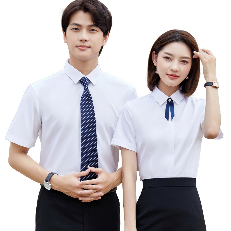 Summer Men's And Women's Non-Iron White Embroidered Anti-Wrinkle Professional Formal Short Sleeve Shirt_voghion.com