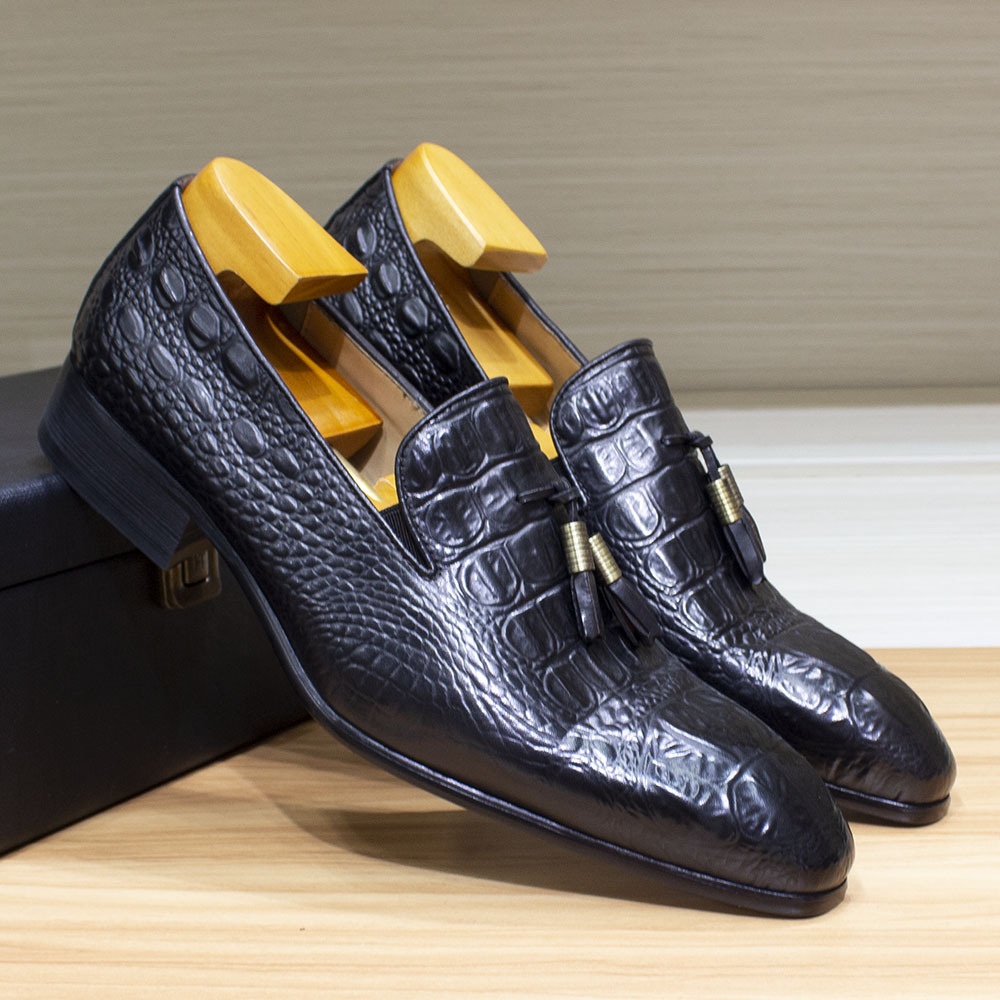 WalkPrime WalkPrime Italian Handmade Business Casual Pointed Toe Genuine Leather Tassel Loafers Crocodile Pattern Trendy Men's Shoes_voghion.com