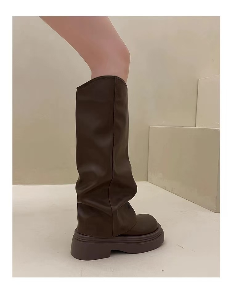 ShoeGlobe ShoeGlobe ShoeGlobe Tube 2024 Spring And Autumn New Genuine Leather Thick Sole Petite Riding Shoes For Women Long Boots_voghion.com