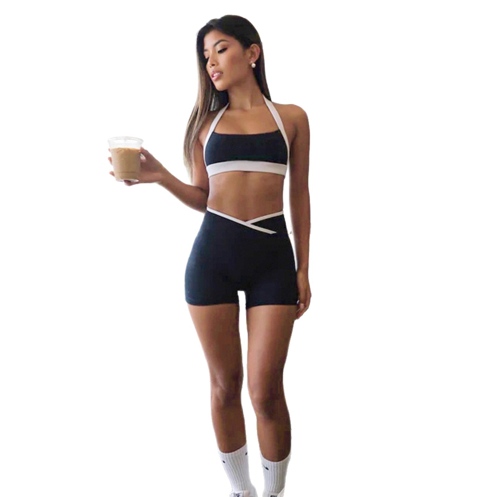 ChicShe Europejski i amerykański modny, blok kolorów, krótki top z dekoltem halter i dekoltem w serek, skrócony top, szorty z wysokim stanem, dopasowany krój, joga, sport, swobodny_voghion.com