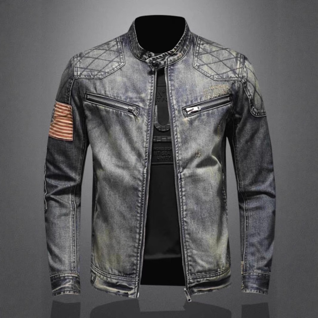 Veste de moto vintage automne-hiver style rétro tendance, marque européenne/américaine, col montant, fermeture éclair._voghion.com