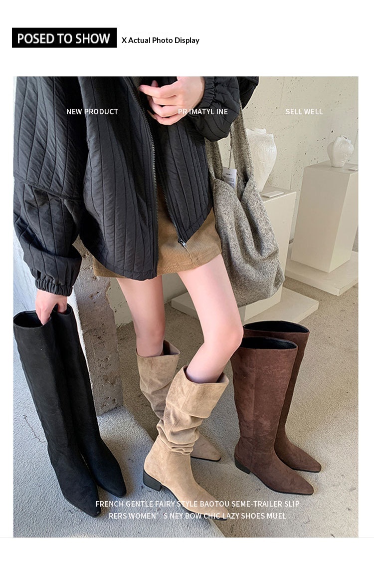 ShoeGlobe ShoeGlobe Pointed Toe Chunky Heel Pleated Slouch 2024 Autumn Winter New Veratile Mid-Heel Suede High Tube Long Boot Women'_voghion.com