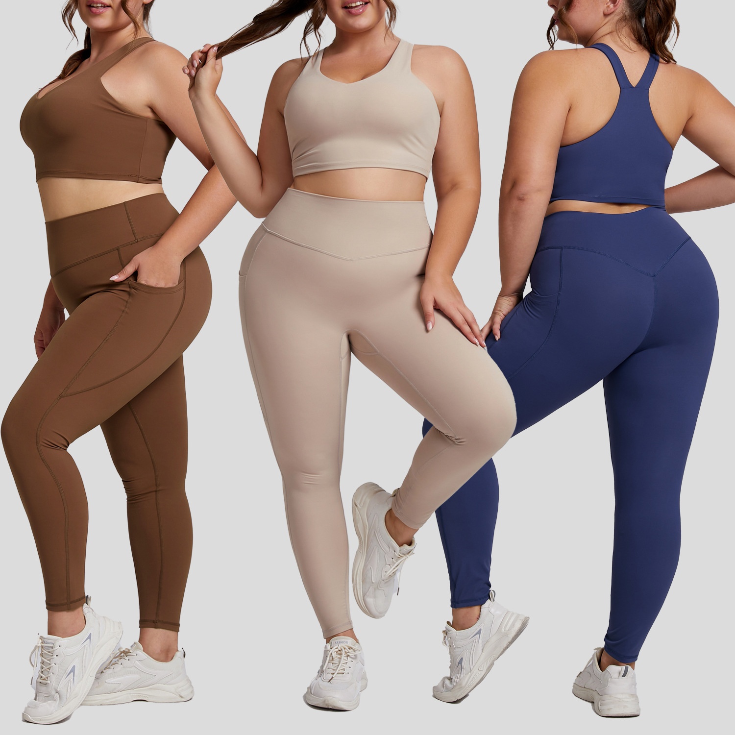 ChicShe Ensemble de yoga deux pièces moulant, grande taille, style européen et américain, effet nude, avec poches_voghion.com