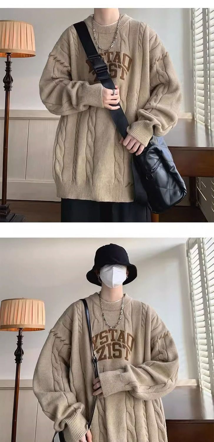 Pull décontracté style américain pour homme, maille torsadée épaisse, automne-hiver, style japonais rétro, kaki_voghion.com