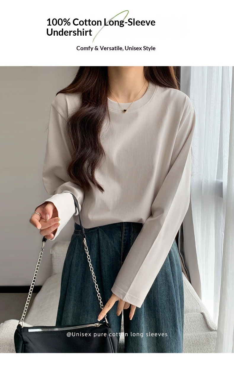 ChicShe 230g Simple Inner Layer Base Shirt Women, Autumn Long Sleeve Pure Cotton Regular Shoulder T-Shirt For Men, Round Neck_voghion.com