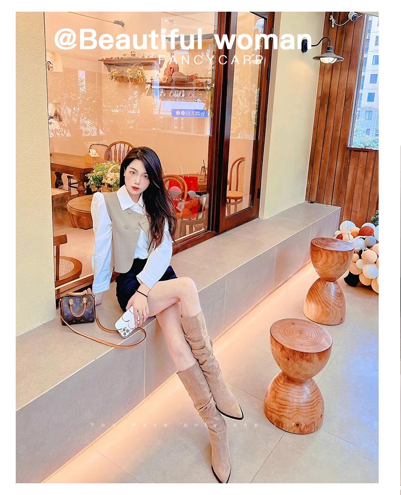 ShoeGlobe ShoeGlobe ShoeGlobe Zwiększenie wysokości wewnętrznej ~Kolor khaki Stacked Długie buty jeździeckie dla kobiet 2024 Nowość Jesień Zima Francuskie do połowy łydki_voghion.com