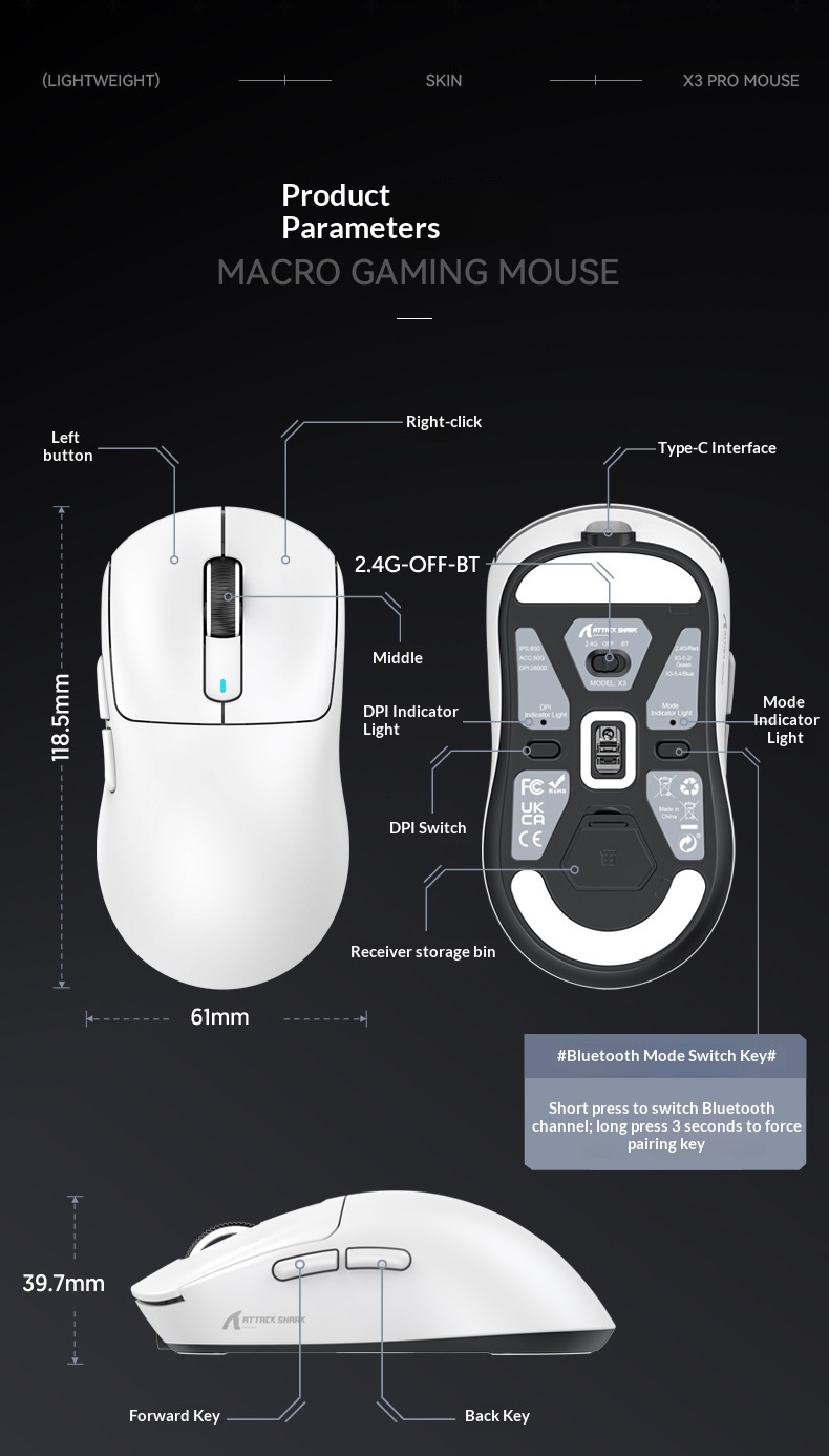Digitex Digitex Attack Shark X3PRO Lightweight PAW3395 E-Sports Gaming Three-Mode 4K Wireless 8K Computer Mouse_voghion.com