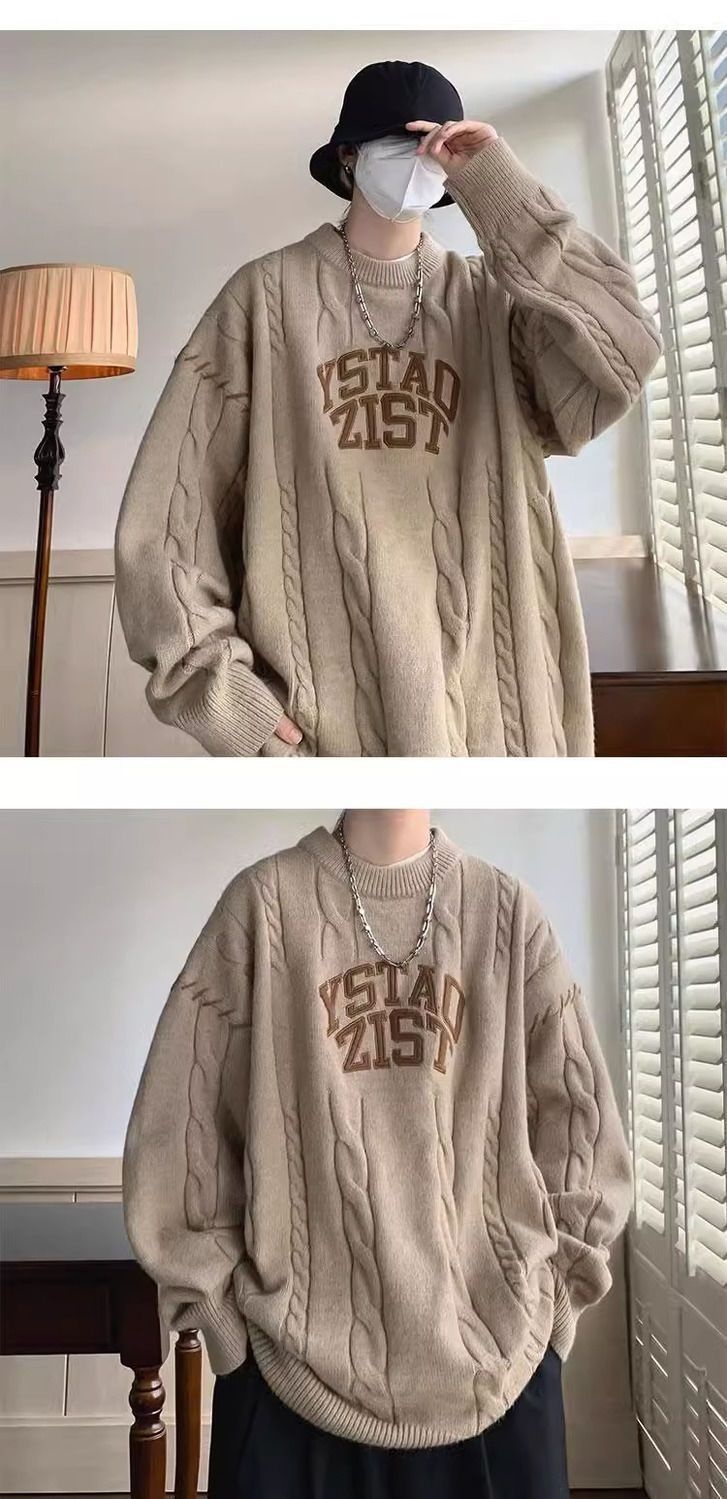 Pull décontracté style américain pour homme, maille torsadée épaisse, automne-hiver, style japonais rétro, kaki_voghion.com