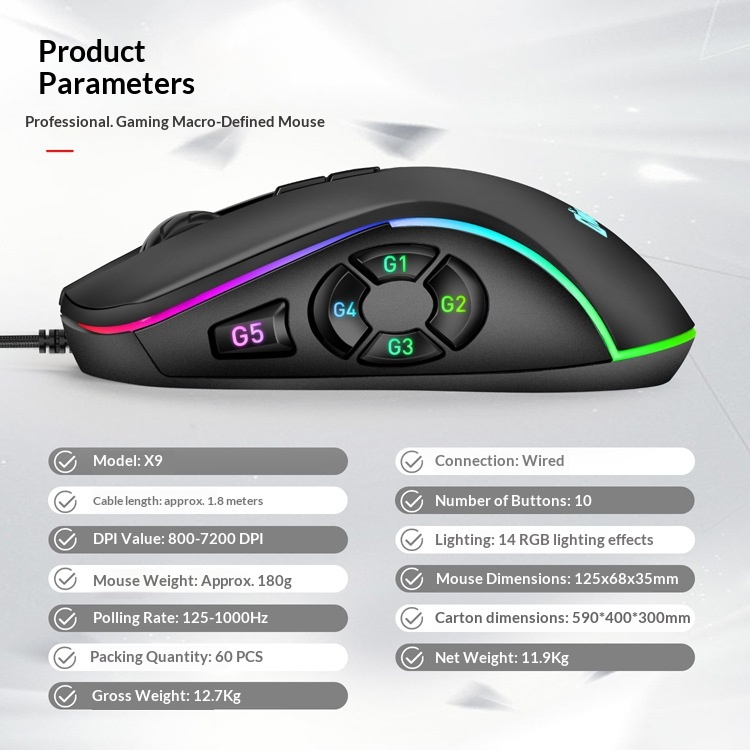 Souris gaming filaire RGB personnalisable Digitex X9 avec pavé tactile 10 touches et réglage sur 6 niveaux_voghion.com