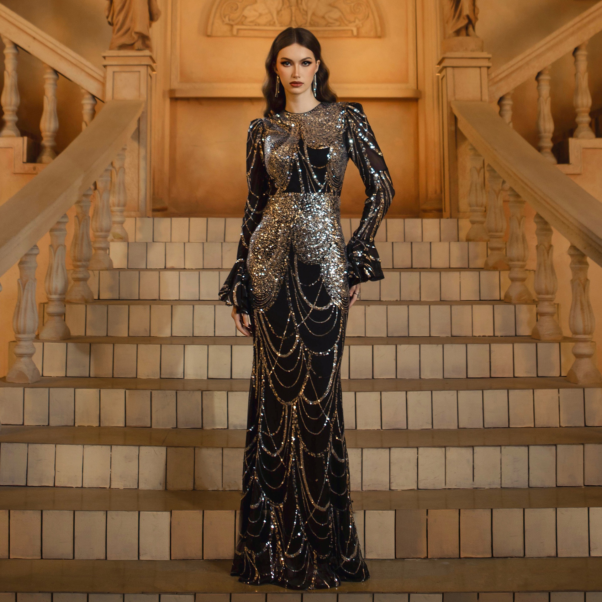 ChicShe ChicShe Cross-Border European And American Women's Fashion New High-End Long Sleeve Round Neck Slim Fit Bodycon Sequin Party_voghion.com