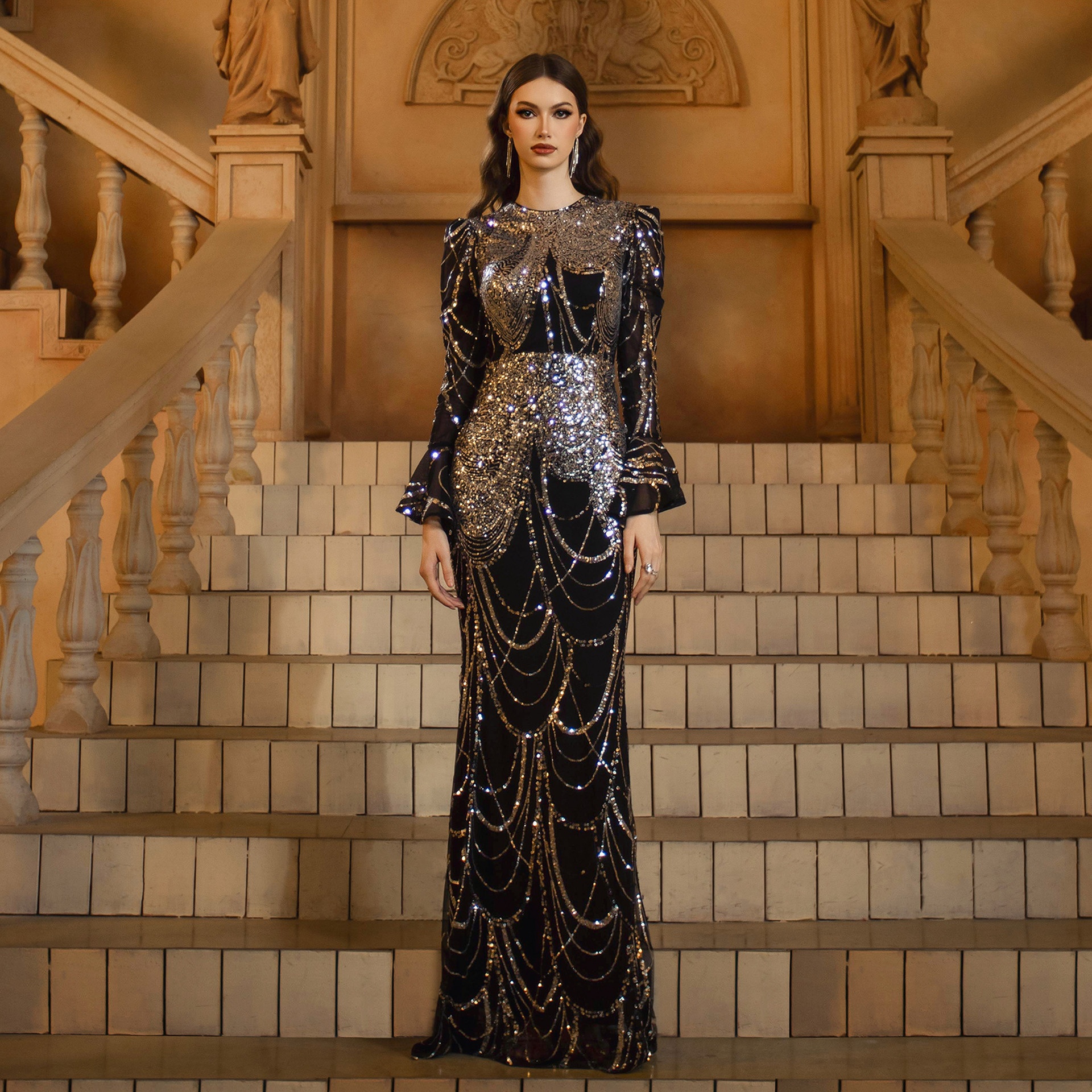 ChicShe ChicShe Cross-Border European And American Women's Fashion New High-End Long Sleeve Round Neck Slim Fit Bodycon Sequin Party_voghion.com