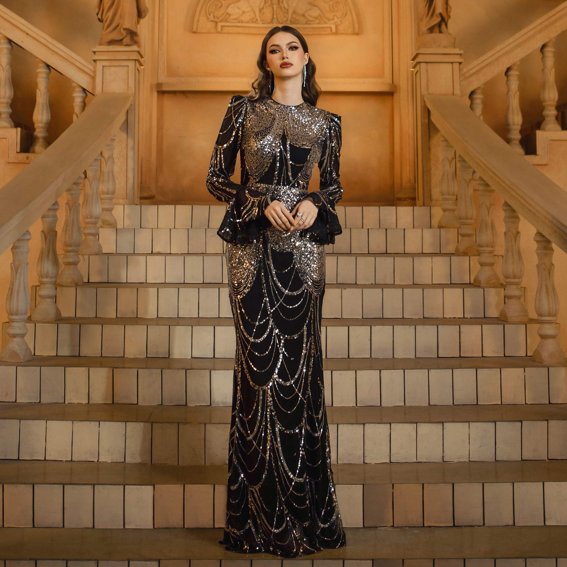 ChicShe ChicShe Cross-Border European And American Women's Fashion New High-End Long Sleeve Round Neck Slim Fit Bodycon Sequin Party_voghion.com