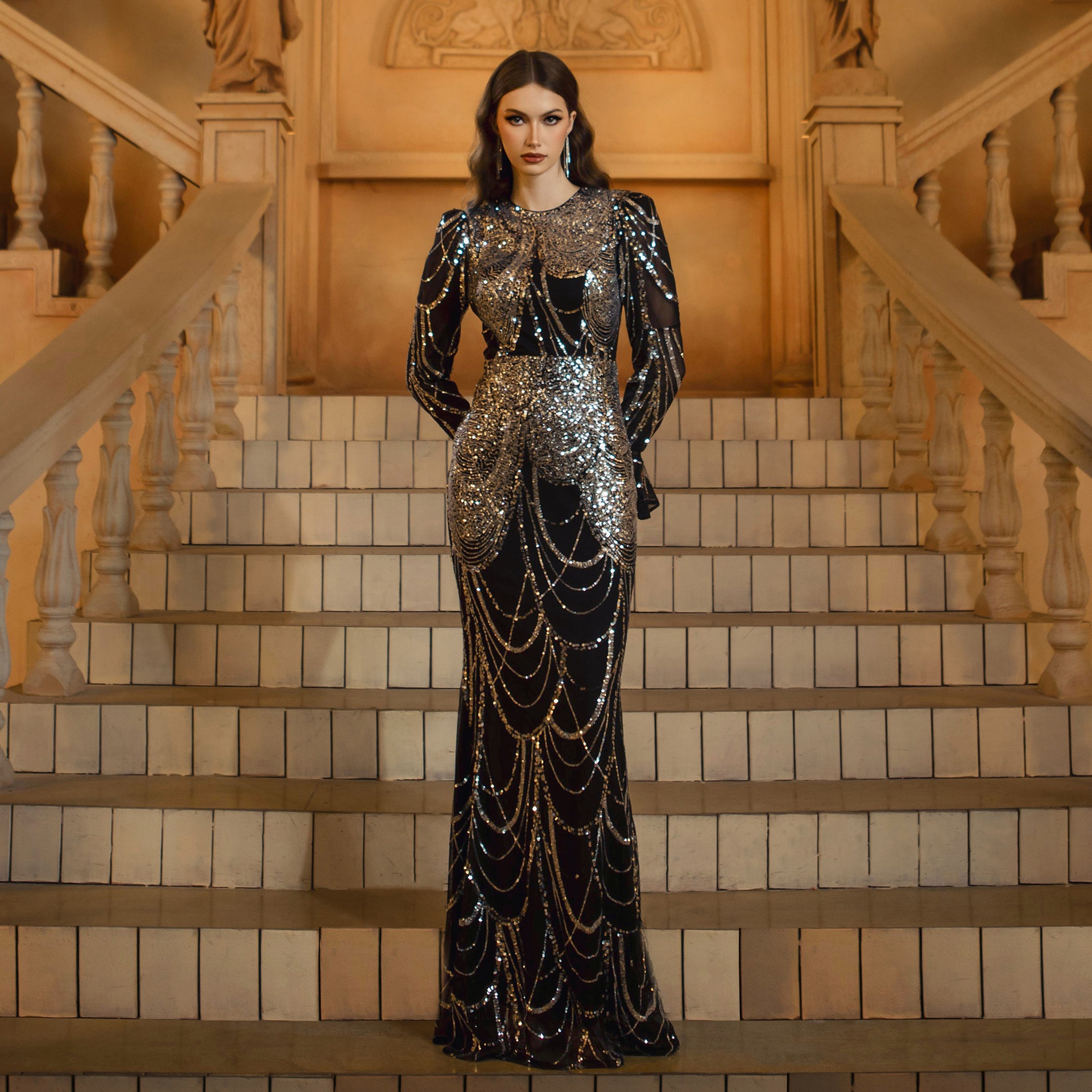 ChicShe ChicShe Cross-Border European And American Women's Fashion New High-End Long Sleeve Round Neck Slim Fit Bodycon Sequin Party_voghion.com