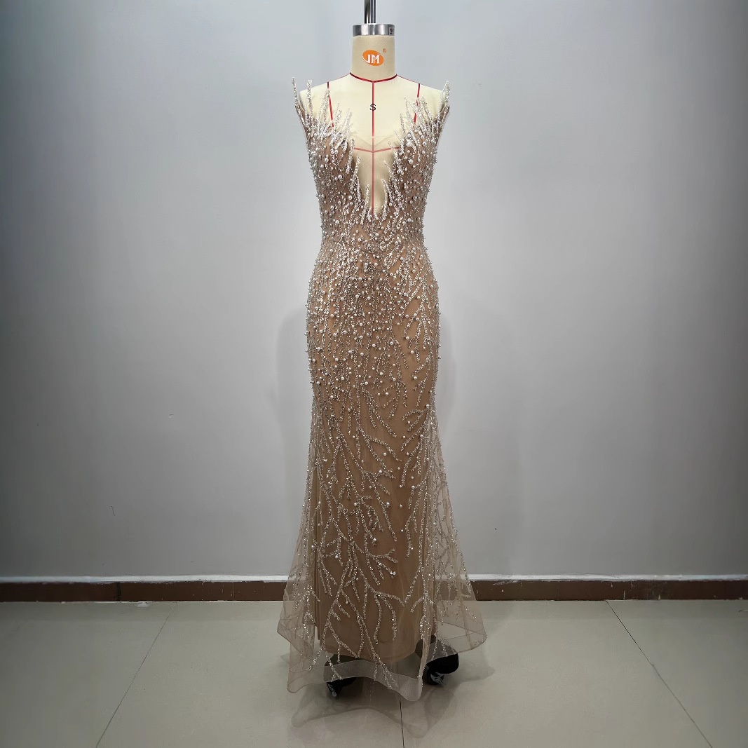 ChicShe ChicShe European And American New Strapless Deep V Neck Heavy Beading Sequin Waist-Cinching Bodycon Gold High-End Annual_voghion.com