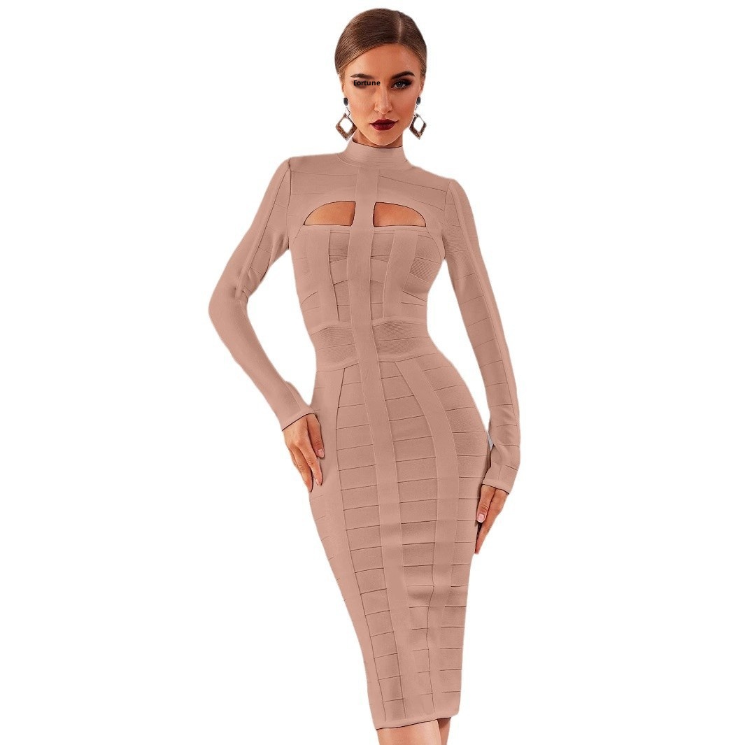 ChicShe ChicShe Abito aderente a maniche lunghe da donna europeo e americano autunno inverno, abito da sera con fascia nera di alta qualità per_voghion.com