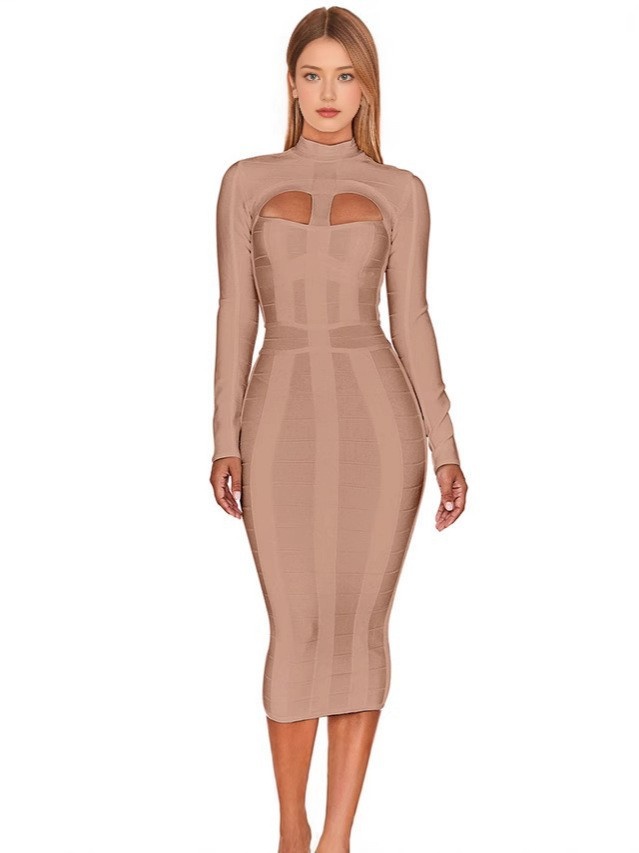 ChicShe ChicShe Abito aderente a maniche lunghe da donna europeo e americano autunno inverno, abito da sera con fascia nera di alta qualità per_voghion.com