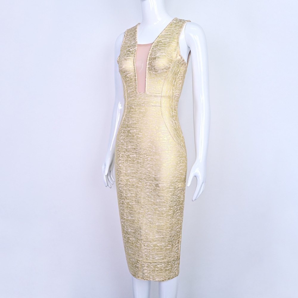 ChicShe ChicShe Commerce extérieur européen et américain Robe bandage moulante fendue dans le dos en maille transparente luxueuse et sexy avec estampage doré_voghion.com