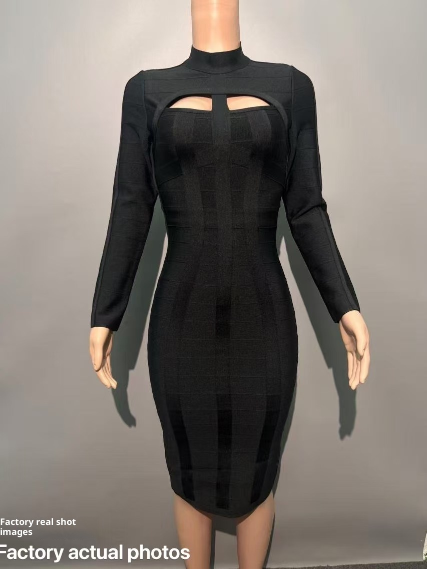 ChicShe ChicShe Abito aderente a maniche lunghe da donna europeo e americano autunno inverno, abito da sera con fascia nera di alta qualità per_voghion.com