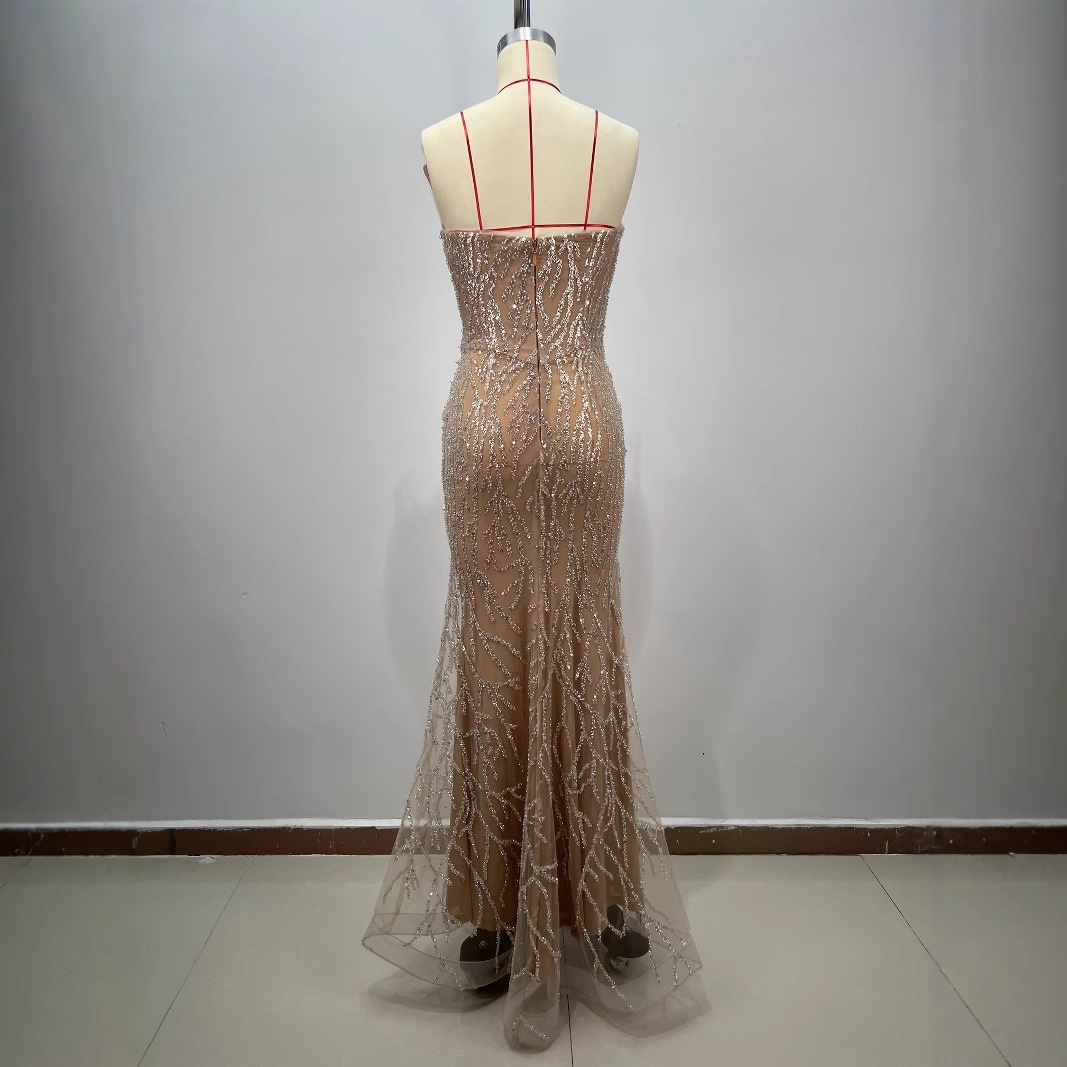 ChicShe ChicShe European And American New Strapless Deep V Neck Heavy Beading Sequin Waist-Cinching Bodycon Gold High-End Annual_voghion.com