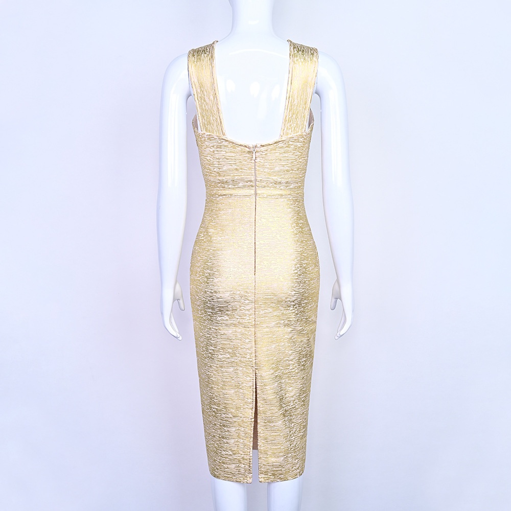 ChicShe ChicShe Commerce extérieur européen et américain Robe bandage moulante fendue dans le dos en maille transparente luxueuse et sexy avec estampage doré_voghion.com