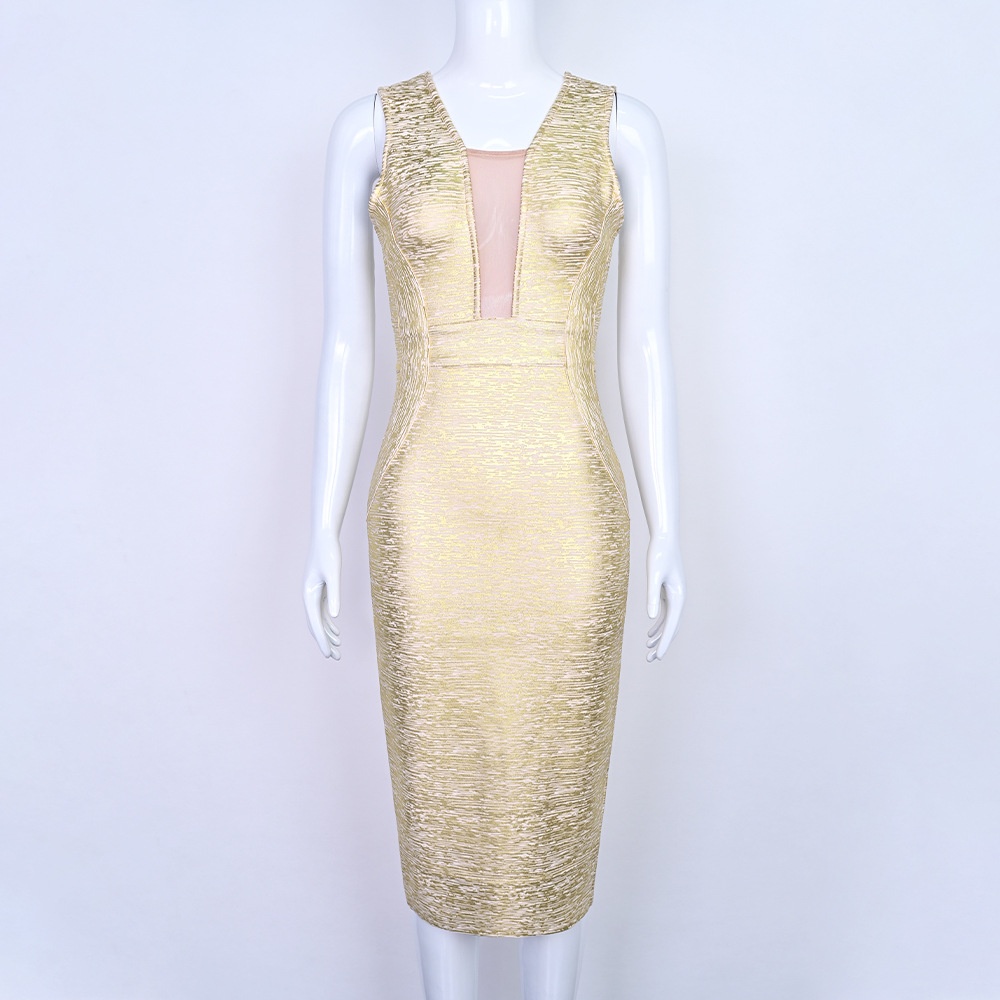 ChicShe ChicShe Commerce extérieur européen et américain Robe bandage moulante fendue dans le dos en maille transparente luxueuse et sexy avec estampage doré_voghion.com