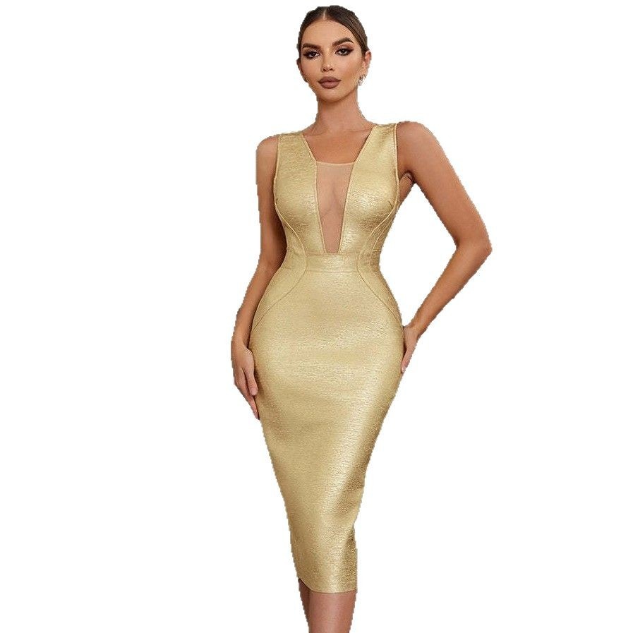 ChicShe ChicShe Commerce extérieur européen et américain Robe bandage moulante fendue dans le dos en maille transparente luxueuse et sexy avec estampage doré_voghion.com