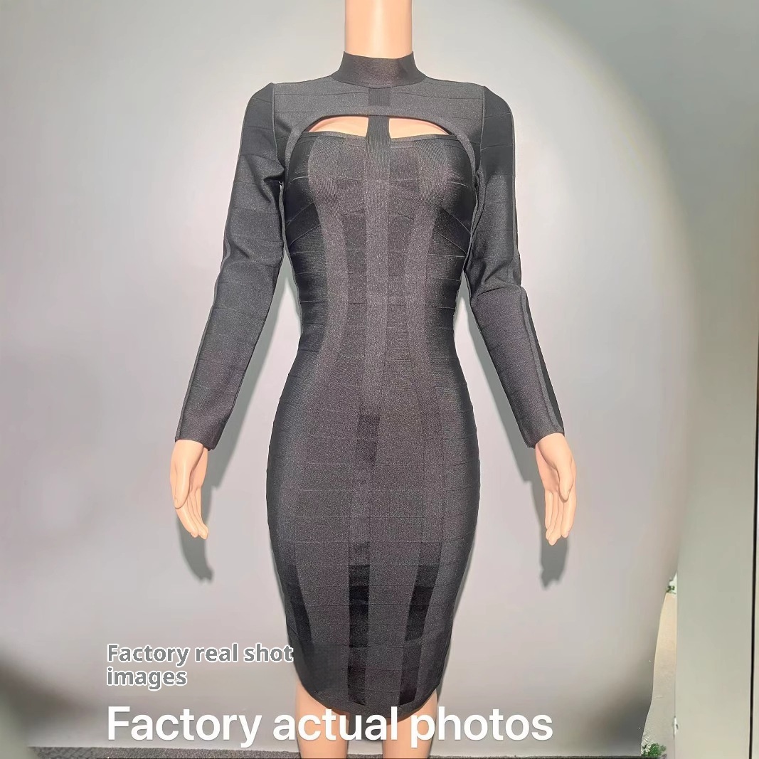 ChicShe ChicShe Abito aderente a maniche lunghe da donna europeo e americano autunno inverno, abito da sera con fascia nera di alta qualità per_voghion.com