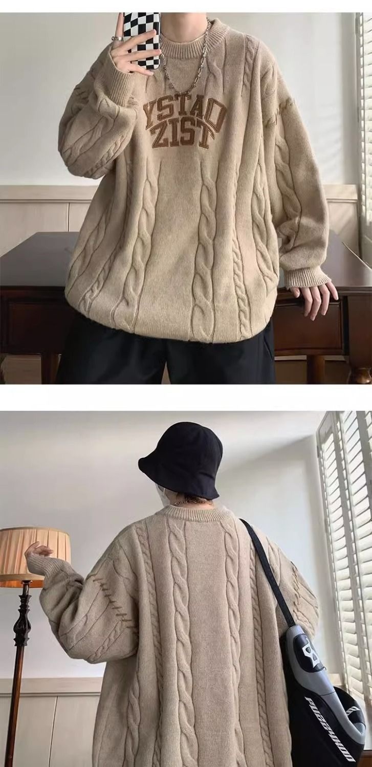 Pull décontracté style américain pour homme, maille torsadée épaisse, automne-hiver, style japonais rétro, kaki_voghion.com