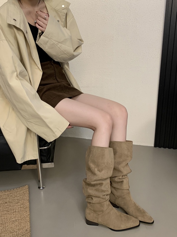 ShoeGlobe ShoeGlobe 2025 Autumn Winter French Retro Suede Low Over-the-Knee Long Thick Heel Pointed Toe Ruched High Tube Boots For Women_voghion.com