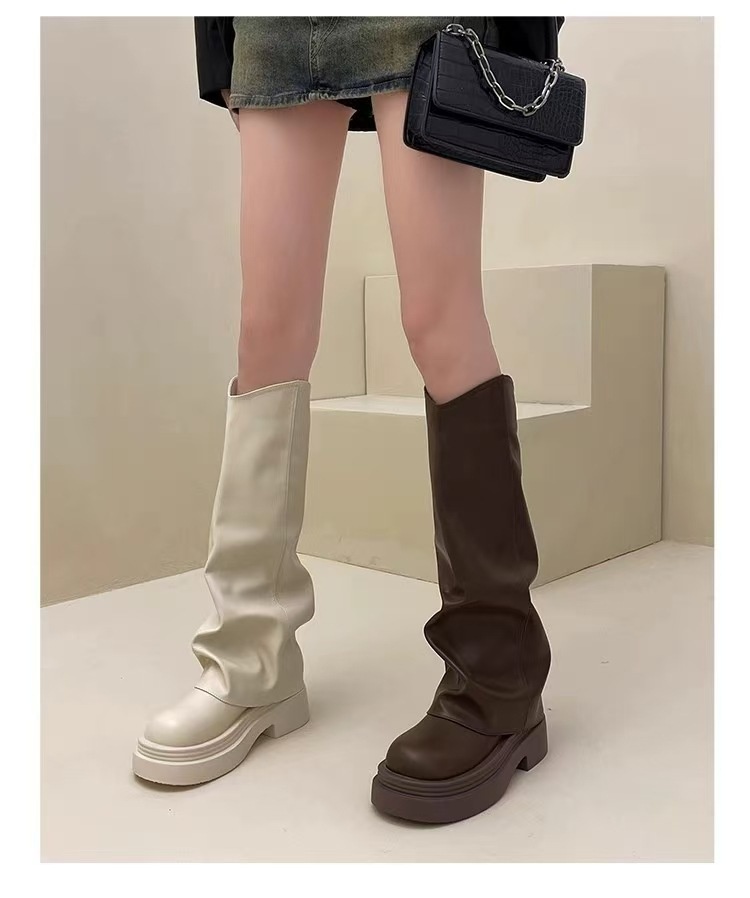 ShoeGlobe ShoeGlobe ShoeGlobe Tube 2024 Spring And Autumn New Genuine Leather Thick Sole Petite Riding Shoes For Women Long Boots_voghion.com