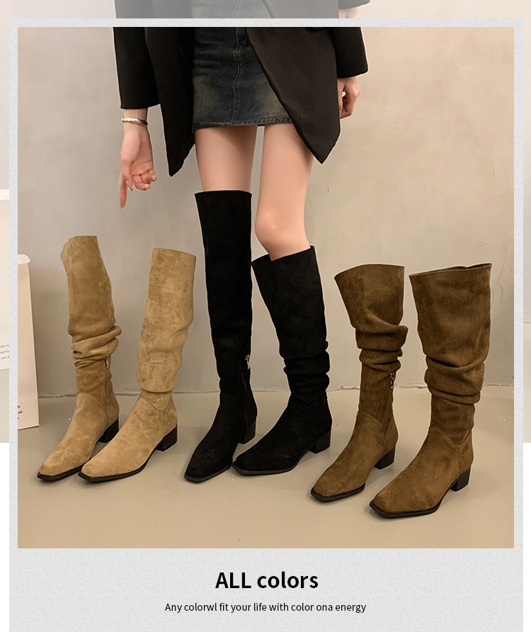 ShoeGlobe ShoeGlobe ShoeGlobe Chunky Heel Pointed Toe Suede Slim Long Women's Shoes 2025 New Autumn Winter Korean Style Over-the-Knee Riding Boots_voghion.com