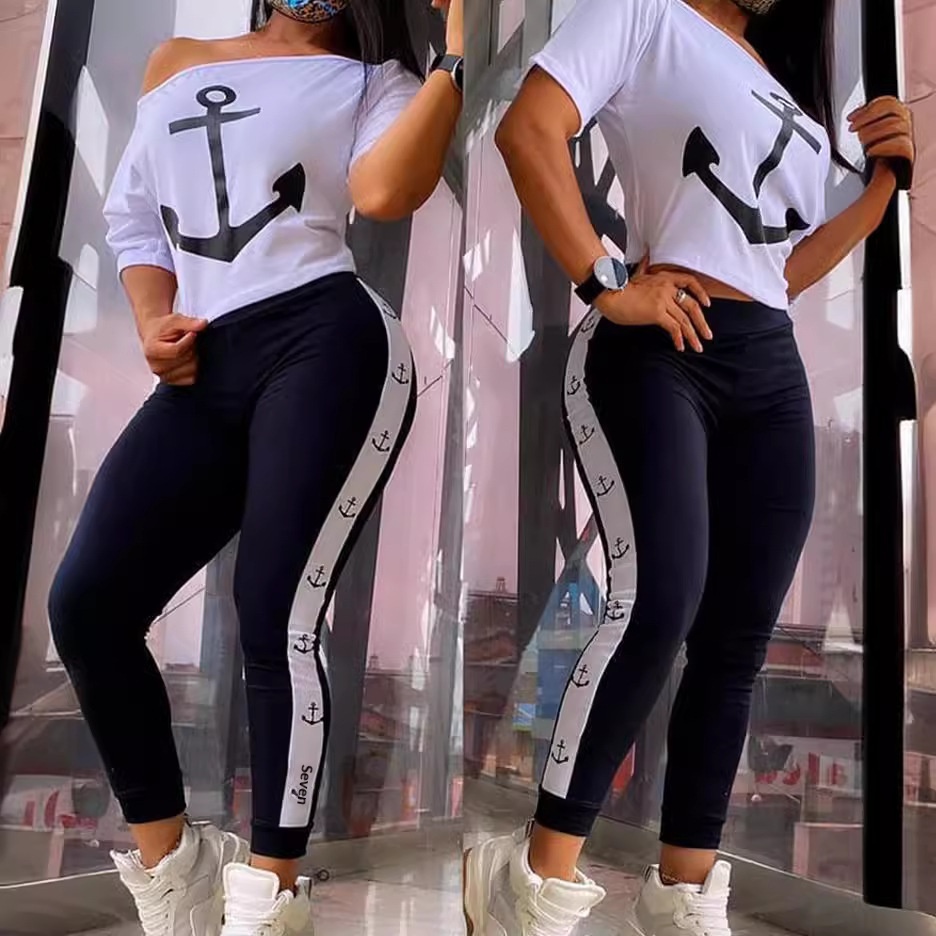 ChicShe 2023 European And American Autumn Summer Women's Clothing Anchor Print Short Sleeve T-Shirt Top High Waist Tummy Control_voghion.com