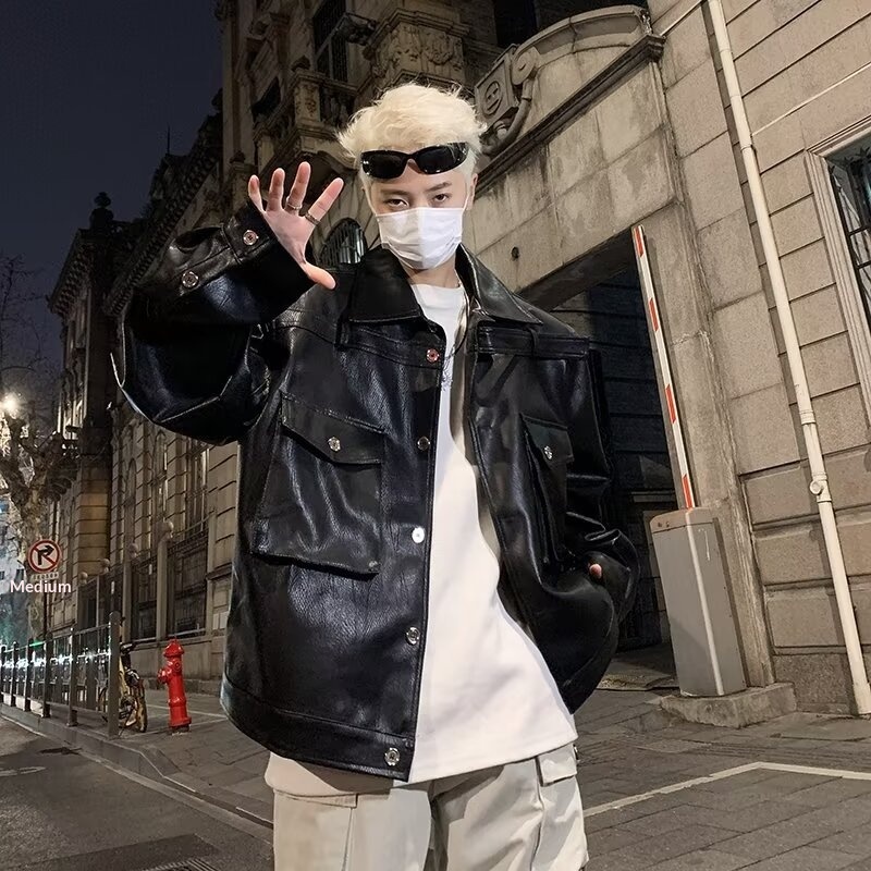 Ragazzo europeo e americano High Street Hip Hop Motociclista Uomo Trendy High-end Cool Retro PU Pelle Corta Imbottita Spalla_voghion.com