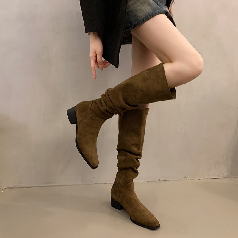 ShoeGlobe ShoeGlobe ShoeGlobe Chunky Heel Pointed Toe Suede Slim Long Women's Shoes 2025 New Autumn Winter Korean Style Over-the-Knee Riding Boots_voghion.com