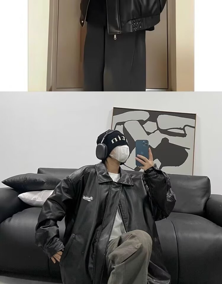 Giacca da aviatore in pelle PU nera da uomo alla moda di strada europea e americana, ampia e alla moda_voghion.com