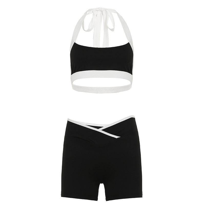 ChicShe Europejski i amerykański modny, blok kolorów, krótki top z dekoltem halter i dekoltem w serek, skrócony top, szorty z wysokim stanem, dopasowany krój, joga, sport, swobodny_voghion.com