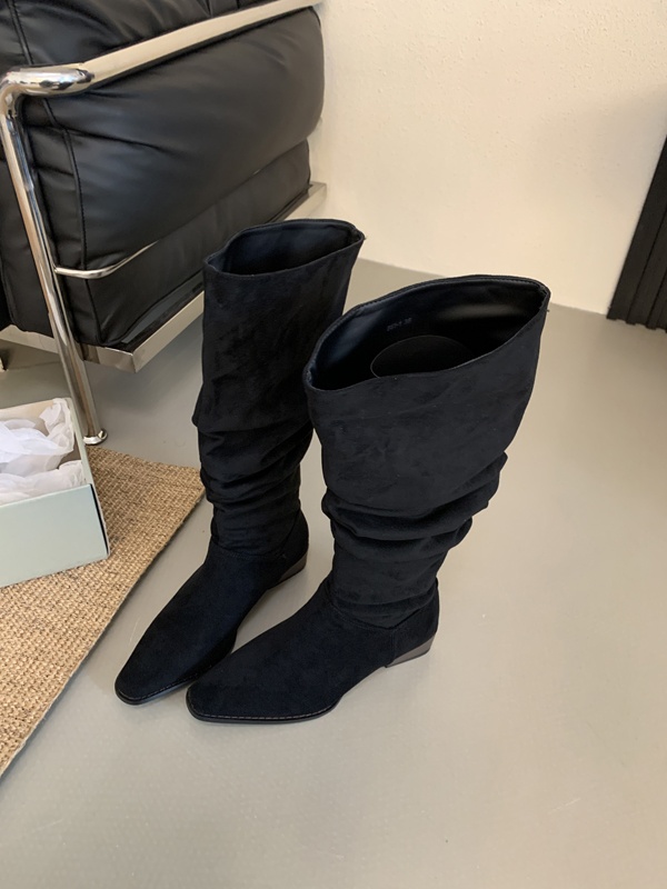 ShoeGlobe ShoeGlobe 2025 Autumn Winter French Retro Suede Low Over-the-Knee Long Thick Heel Pointed Toe Ruched High Tube Boots For Women_voghion.com