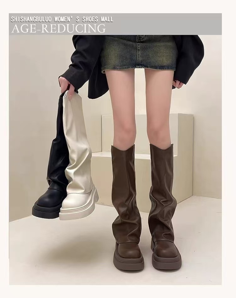 ShoeGlobe ShoeGlobe ShoeGlobe Tube 2024 Spring And Autumn New Genuine Leather Thick Sole Petite Riding Shoes For Women Long Boots_voghion.com