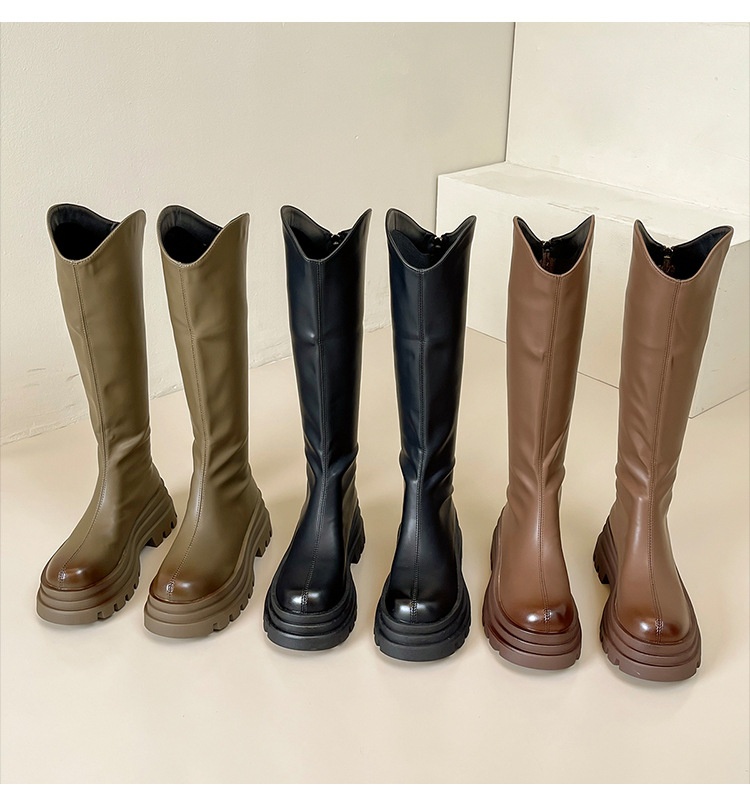 ShoeGlobe ShoeGlobe ShoeGlobe Women's Long Autumn Winter 2024 New V-Cut High Heel Thick Sole Slimming Over-the-Knee Riding Slim Boots Trendy_voghion.com