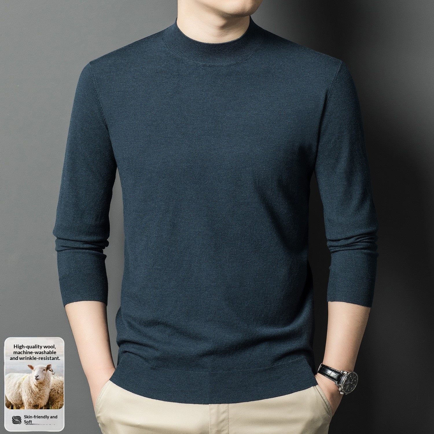 boy Boy Fine Knitted Men's Autumn Winter Half Turtleneck Casual Versatile Stretchy Warm Base Layer Wool Sweater_voghion.com