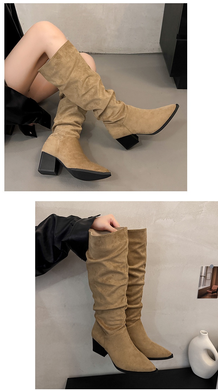 ShoeGlobe ShoeGlobe ShoeGlobe Women's Knight 2025 New Autumn Winter Thick Heel Pointed Toe Long Retro Suede Wrinkled Slouch Boots_voghion.com