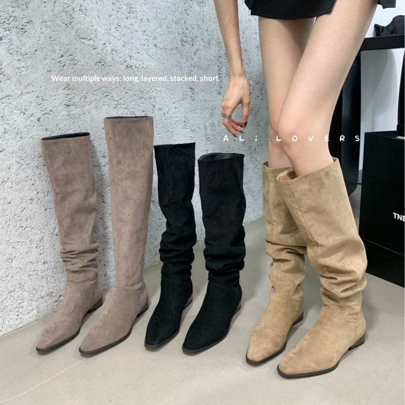 ShoeGlobe ShoeGlobe ShoeGlobe Stacked Women's Riding Retro Suede Chunky Heel Square Toe 2024 New Wrinkled High Tube Long Boots_voghion.com